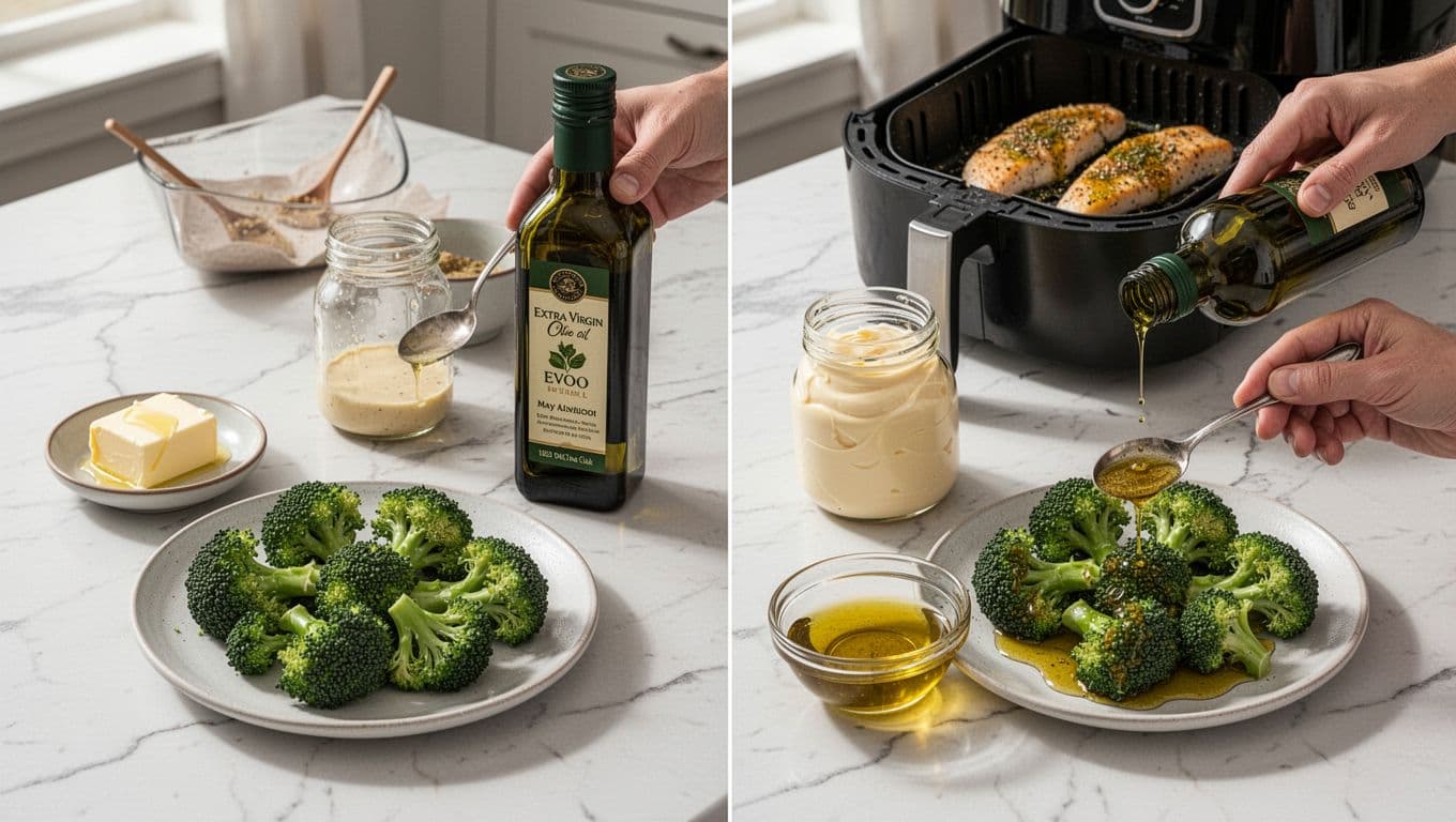 Photorealistic kitchen counter in morning light contrasts unhealthy fats like butter and mayo with EVOO alternatives on broccoli and as dressing, plus air-fried fish.
