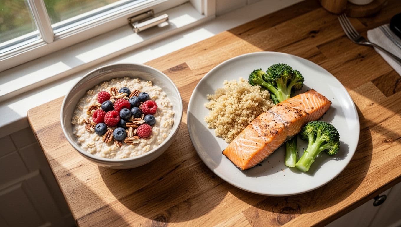 Fresh healthy detox meals on a wooden kitchen table, featuring oatmeal with berries and nuts, grilled chicken salad with greens, tomatoes, and cucumber, and baked salmon with quinoa and broccoli. Top-down composition with bright natural lighting and high detail on textures.