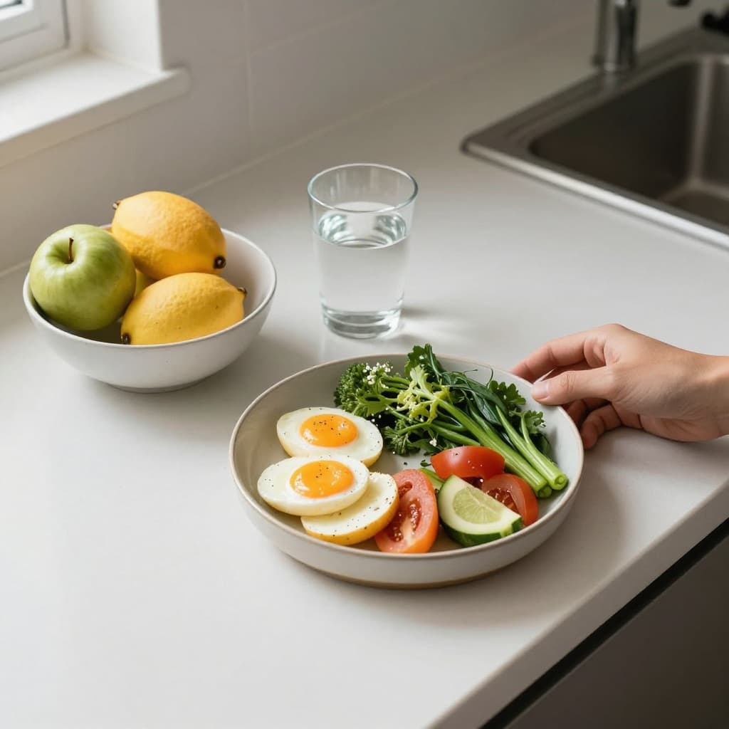 A top-down view shows a prepared meal, fresh fruit, and water on a clean kitchen counter.