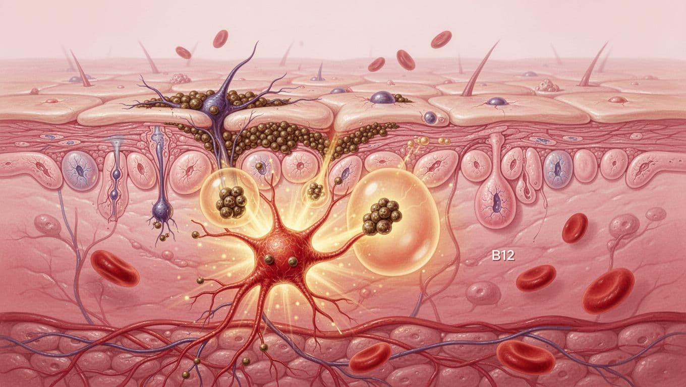 Detailed scientific illustration of healthy human skin epidermis in cross-section, featuring a melanocyte transferring pigment to keratinocytes in the basal layer, with cells in division and repair, and subtle red blood cells.