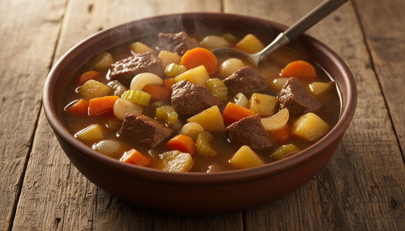 Hearty bowl of beef stew-style vegetable soup featuring large tender chunks of beef, cubed potatoes, sliced carrots, celery, and onions in thick rich brown broth, with steam rising and a wooden spoon inserted, on a rustic wooden table under warm soft lighting.