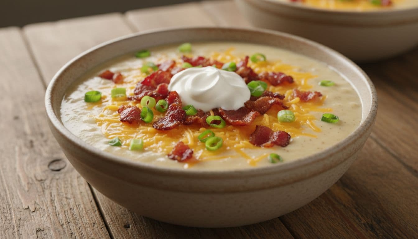 Hearty loaded baked potato soup served in a large rustic stoneware bowl on a wooden surface, topped with shredded cheddar cheese, crispy bacon bits, chopped green onions, and a dollop of sour cream under warm lighting. Realistic high-detail food photography emphasizing the generous toppings and comforting heartiness.