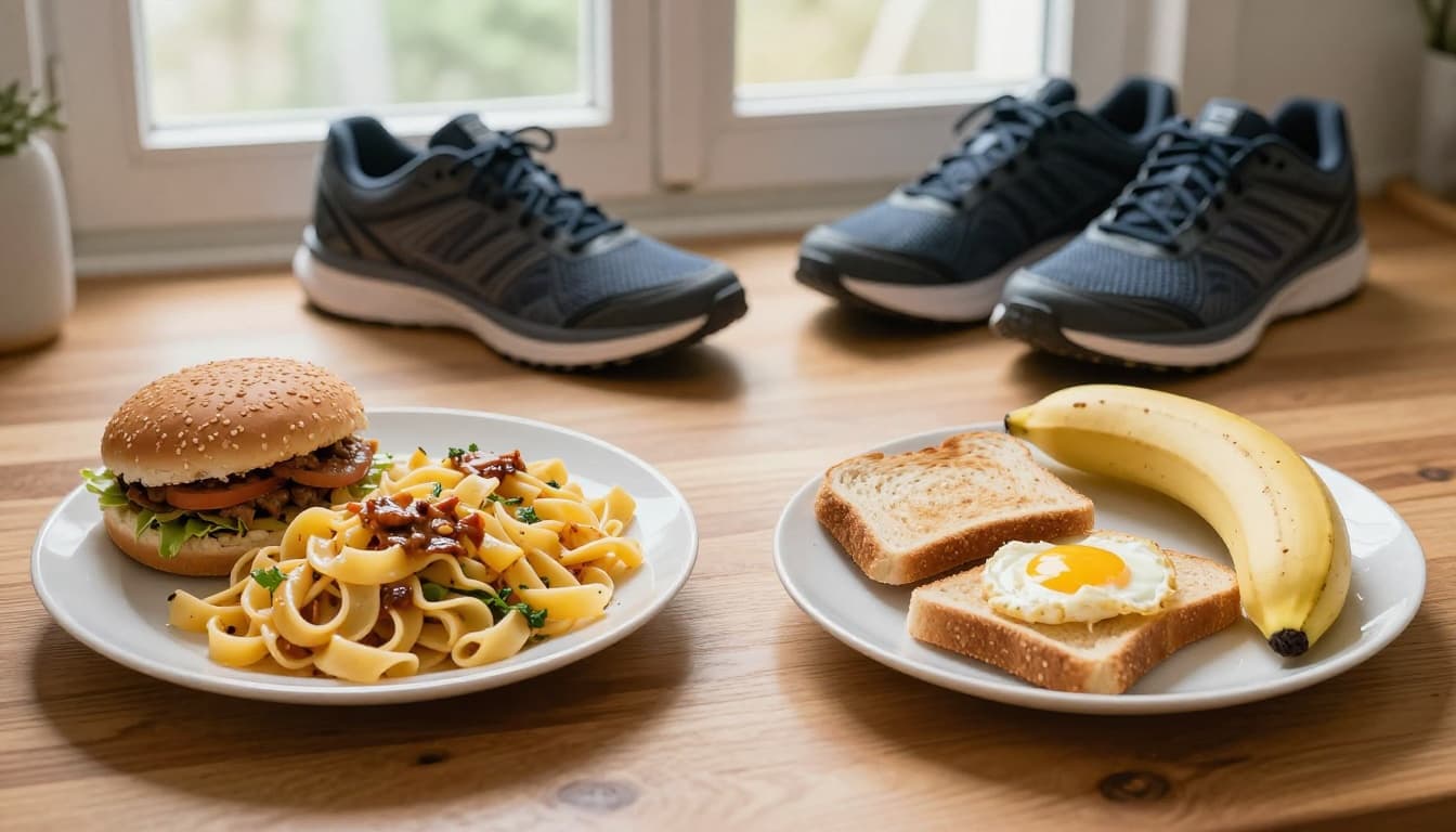 Side-by-side comparison on a wooden kitchen table: heavy meal with pasta and burger on left, light snacks with banana and toast on right, running shoes nearby, natural morning light, realistic food photography, high detail on textures.