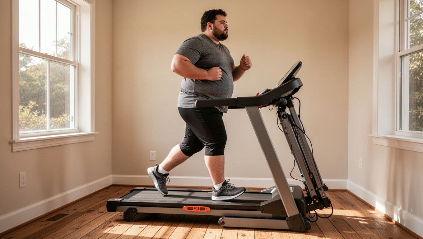 Side view of a single heavy-set runner jogging steadily on a folding treadmill in a compact home gym corner, with natural daylight from a window highlighting stability, spacious deck, console, and fold mechanism for easy storage.