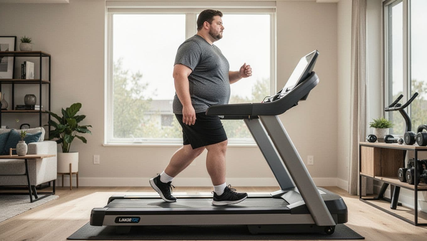 A single heavy-set runner walks slowly with proper upright posture, natural arm swing, and short steps on a sturdy wide-frame treadmill in a modern home gym, shown in three-quarter side view under bright natural daylight.