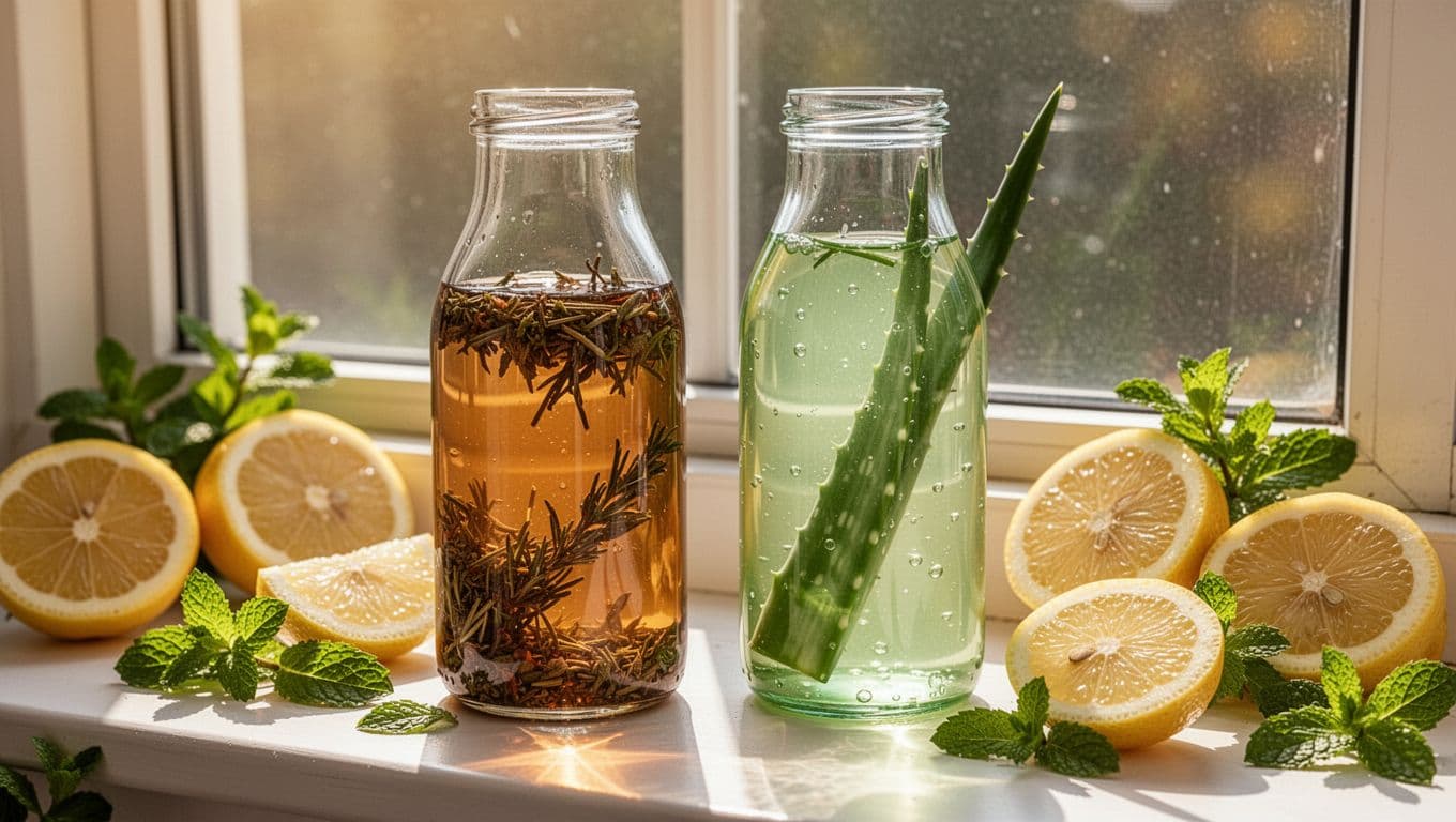 Two glass bottles containing herbal tea concentrate and aloe vera drink arranged on a sunny windowsill with lemon slices and mint leaves, illuminated by warm natural sunlight in a realistic high-detail beverage photography style.