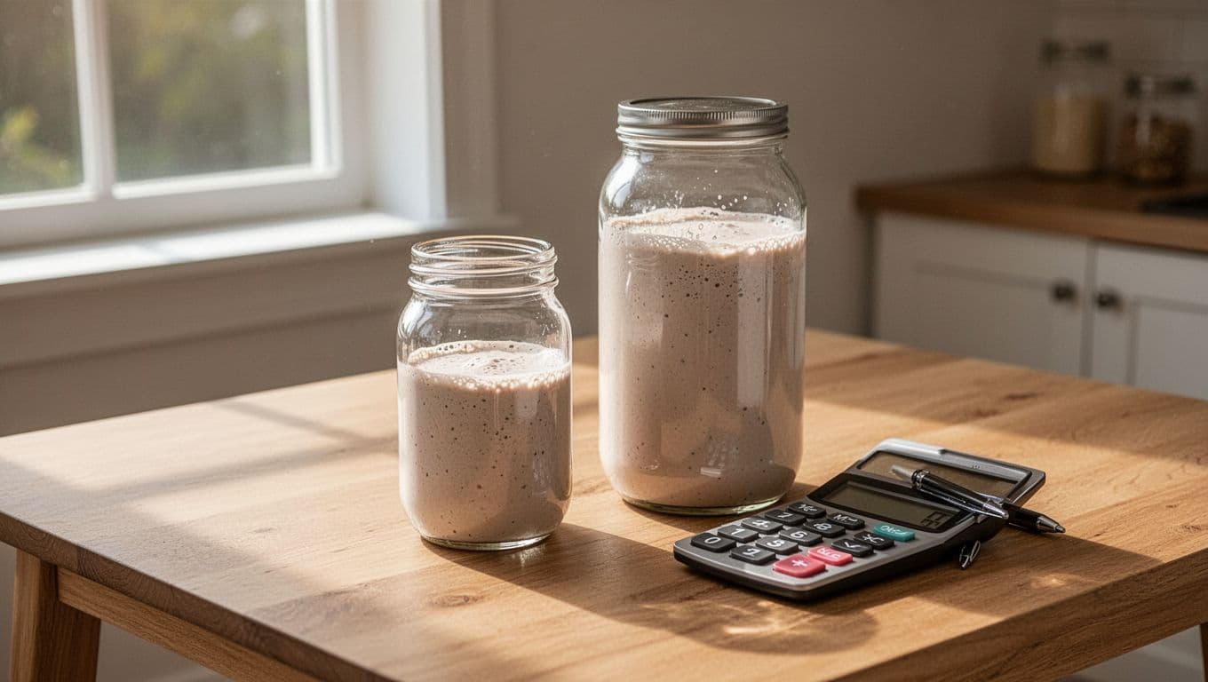 Two Herbalife Formula 1 shake jars of different sizes side by side on a wooden kitchen table, with a calculator and pen nearby to imply cost per serving calculation, under soft natural light.