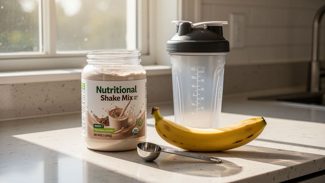 A clean kitchen counter setup featuring one jar of Herbalife Formula 1 nutritional shake mix, a shaker bottle, a fresh banana, and a measuring spoon in natural morning daylight. Realistic product still life photography with high detail and clean composition, no text, labels, or additional items.