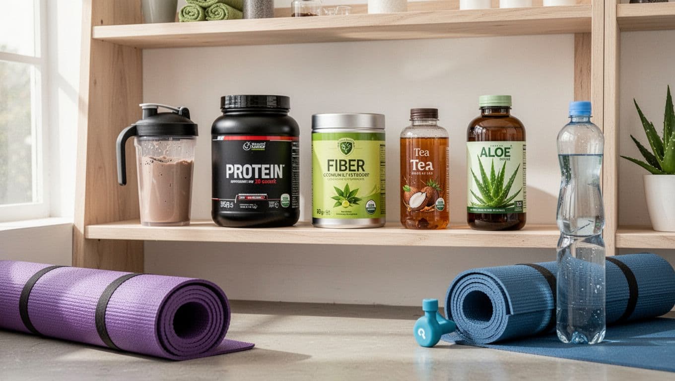Organized wellness shelf featuring five Herbalife products: Formula 1 shake jar, protein tub, fiber container, tea bottle, and aloe bottle, neatly arranged with yoga mat and water bottle in the background under bright studio lighting.
