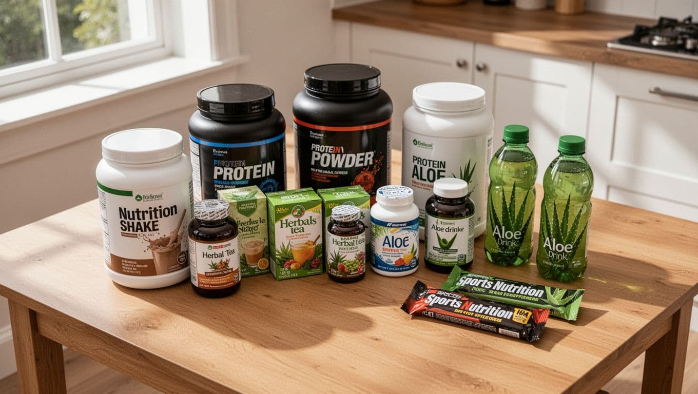 Assortment of nutrition shake tubs, protein powder containers, herbal tea boxes, supplement bottles, aloe drink bottles, and sports nutrition bars arranged neatly on a clean wooden table in a bright kitchen.