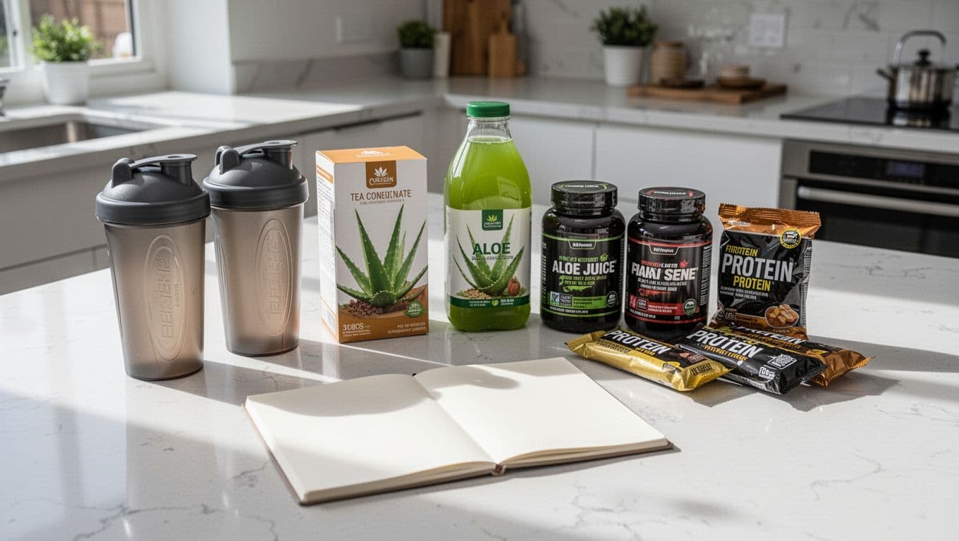 Realistic kitchen counter with accumulated Herbalife products including two shake tubs, tea concentrate box, aloe bottle, supplement jars, and protein bars, casually arranged next to a notepad with shopping list, in bright natural daylight and clean modern style.