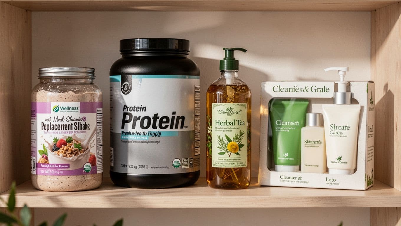 Assortment of Herbalife products on a clean wellness shelf, grouped by usage goals: Formula 1 shake for meal replacement, protein powder, herbal tea for energy, and skin care cleanser and lotion. Realistic high-detail arrangement with natural indoor lighting, no text, logos, people, or extras.