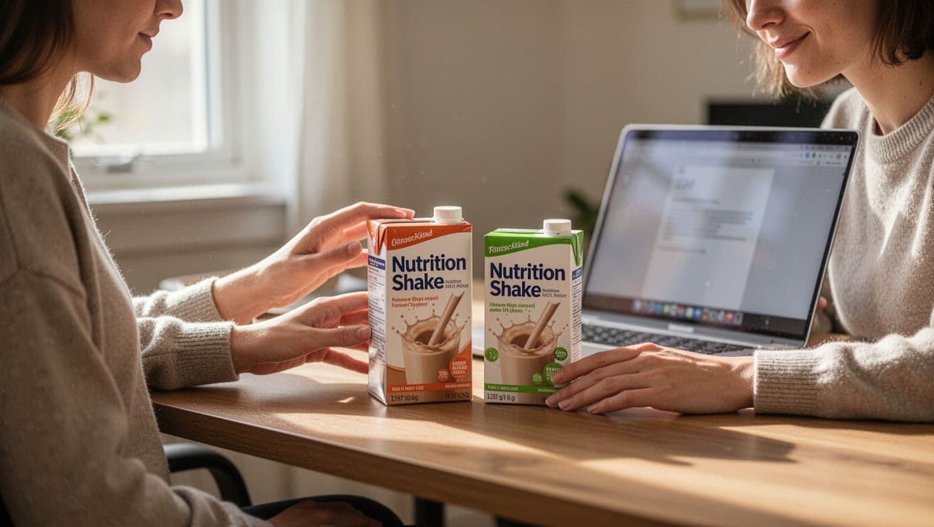 A person at a home desk compares Herbalife nutrition shake products from two nearby boxes with implied size differences, using an open laptop showing angled shopping pages, in natural window light.