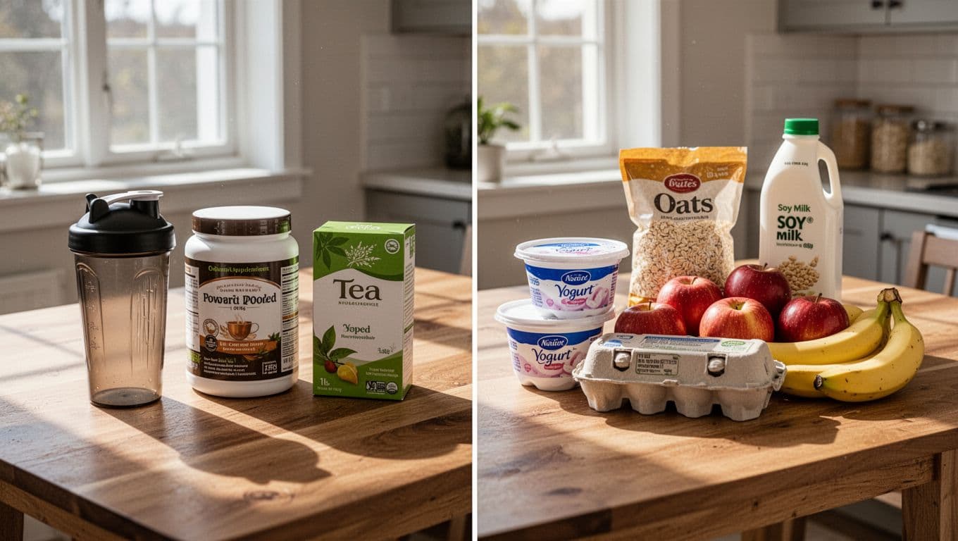 Split-view kitchen table with Herbalife shake tub, protein powder, and herbal tea on the left half, contrasted by fresh groceries including Greek yogurt, eggs, oats, apples, bananas, and soy milk on the right half. Realistic photo style with natural window lighting, clean composition, and subtle divide.