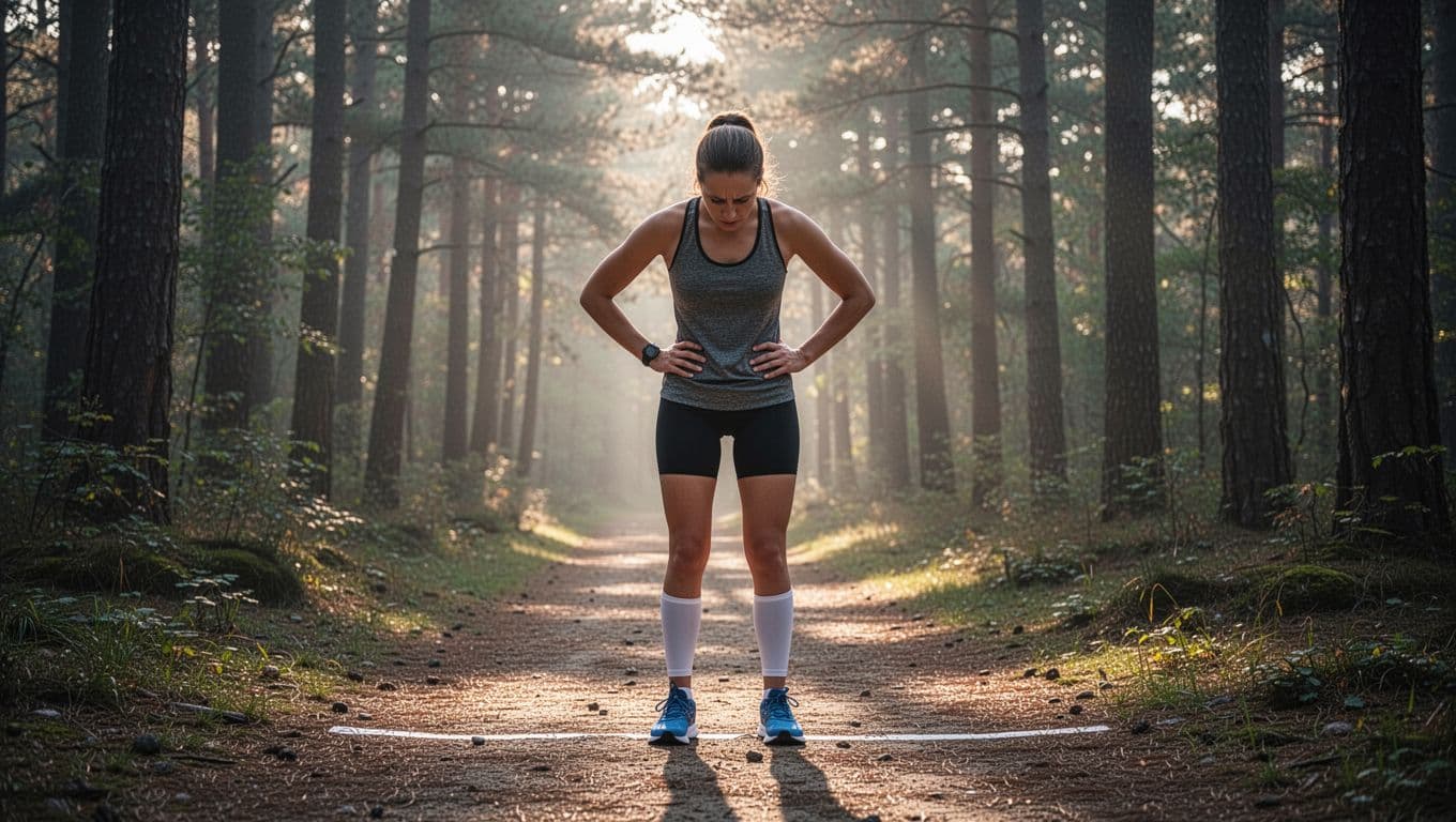 A solo female runner in running gear stands hesitantly at the start of a scenic forest trail at dawn, looking down at her shoes with a dejected expression and hands on hips, embodying dread and lack of motivation from mental overtraining fatigue.