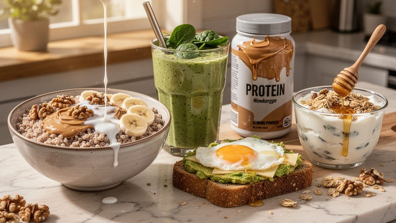 Assortment of high-calorie breakfasts and snacks for muscle gain, featuring steel-cut oats with peanut butter, walnuts, banana, and milk; thick smoothie with spinach, banana, protein powder, and almond butter; avocado toast with eggs and cheese; Greek yogurt with granola and honey, side view on kitchen counter in warm sunlight.