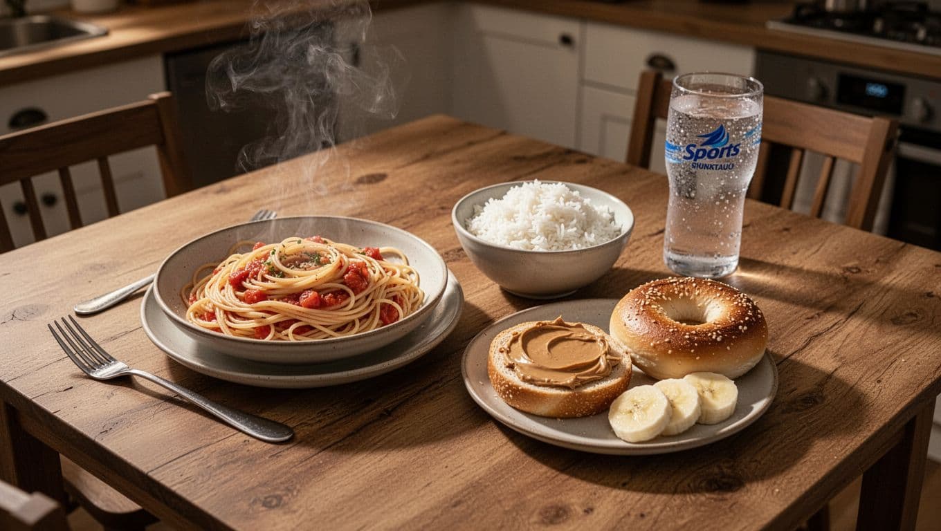 Top-down angled view of a simple wooden dining table in a cozy kitchen with evening warm tones, featuring steaming pasta with light tomato sauce, bowl of plain white rice, toasted bagel topped with peanut butter next to sliced banana, and glass of sports drink. Realistic photography style focused on these four food items only, no people, utensils, text, logos, or extra items.