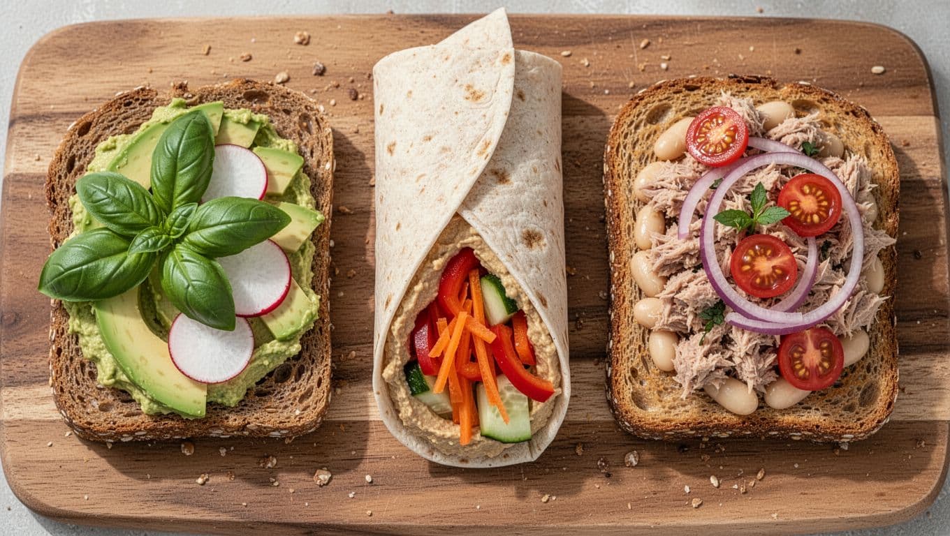 Top-down view of three crispy high-fiber sandwiches and wraps on a wooden board in natural light: avocado basil radish open-faced sandwich, sliced hummus veggie roll-up, and tuna white bean open-faced sandwich.