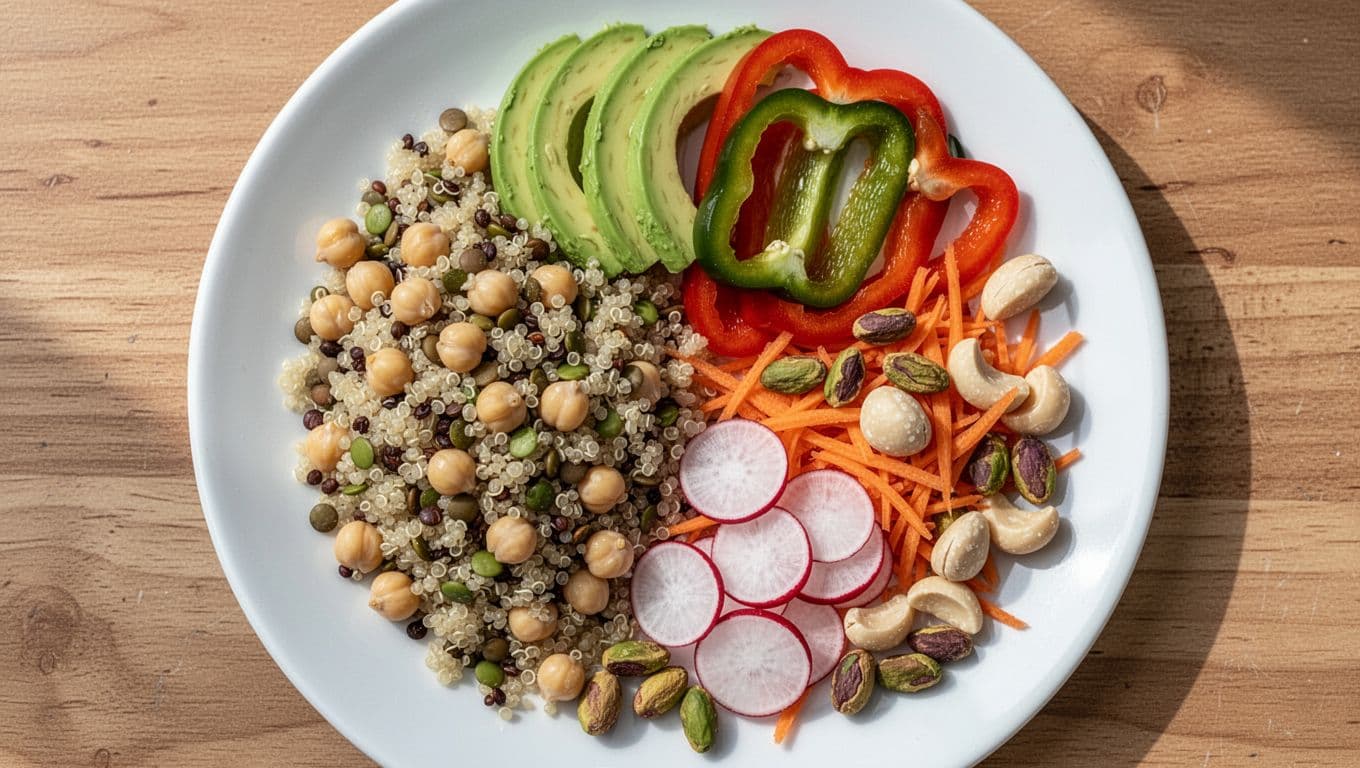 Top-down view of a balanced high-fiber lunch plate on a white ceramic plate, featuring quinoa mixed with chickpeas and lentils on one half, and sliced avocado, bell peppers, radishes, shredded carrots with scattered pistachios and macadamia nuts on the other.