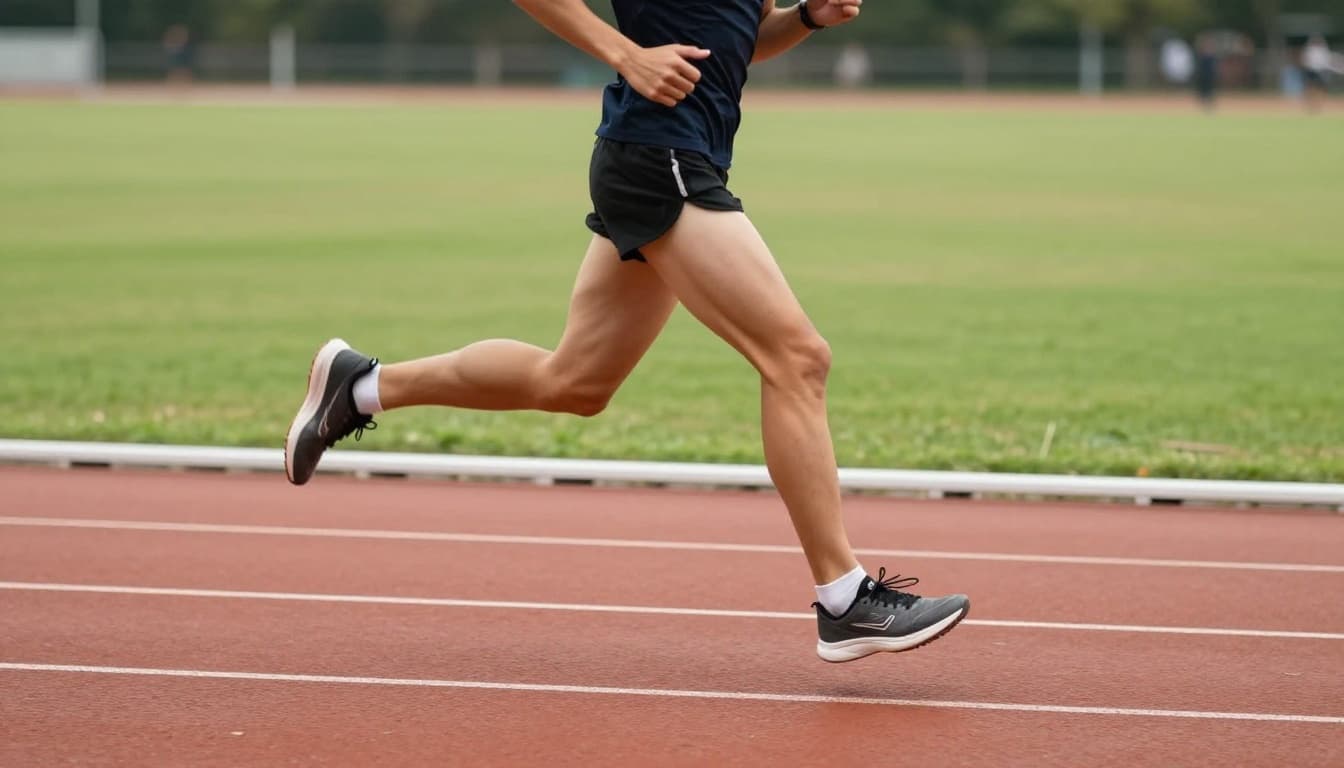 Side view of an athletic runner performing HIIT intervals, powerfully sprinting with motion blur on legs before transitioning to jog recovery on a sunny outdoor stadium track, realistic photography with sharp focus and natural lighting.