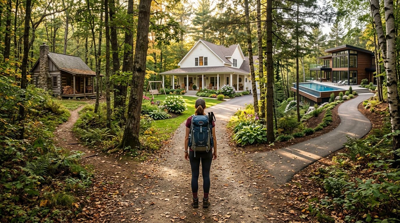 A thoughtful mid-30s hiker with backpack stands at a scenic forest path fork splitting into three trails: left to a cozy cabin, center to a family house with garden and porch, right to a luxurious villa with pool, bathed in warm sunlight with dappled shadows.