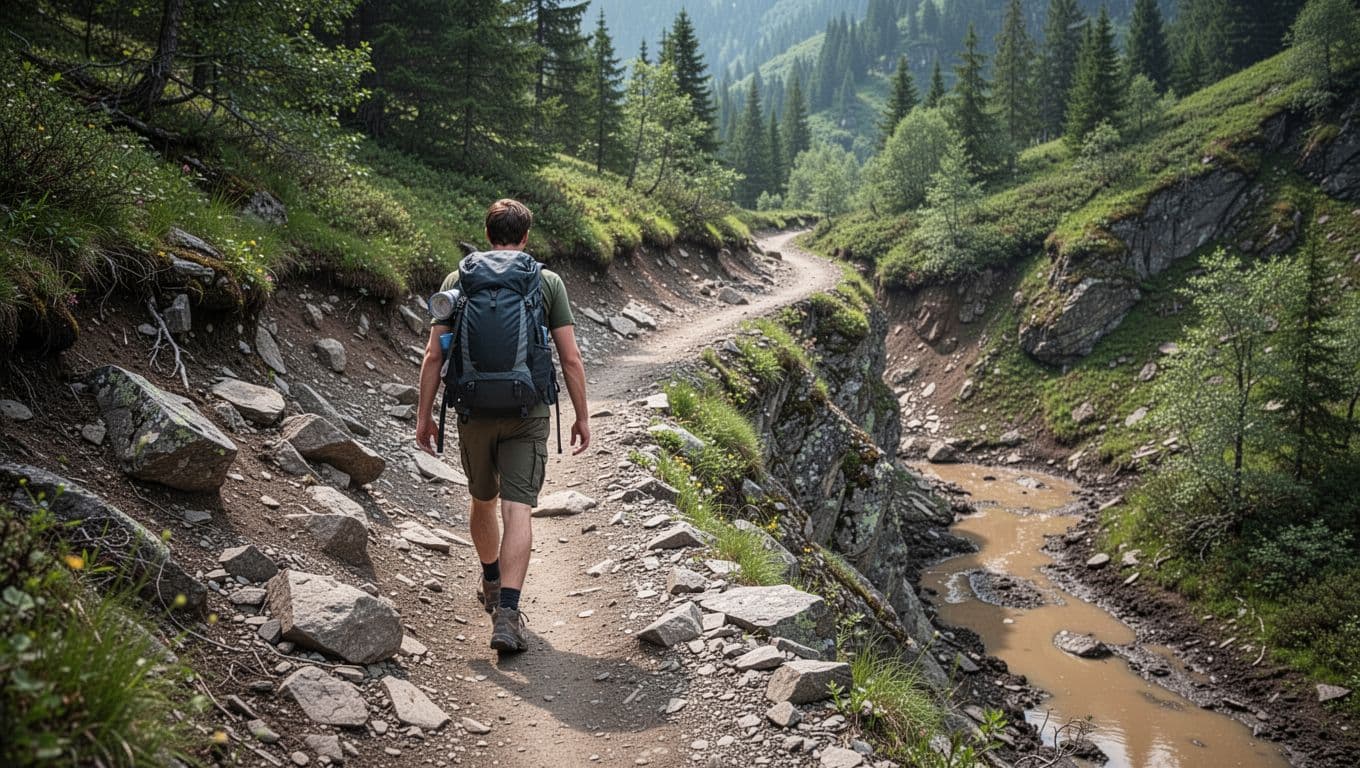 Hiker walks narrow winding trail with loose rocks, steep drop-offs, and muddy spots amid lush green forest.