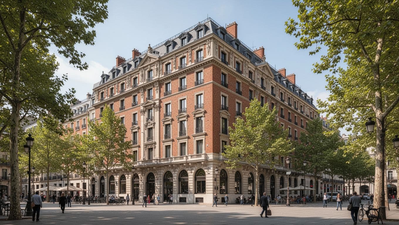 A grand historic brick hotel building stands beside a sunny city square with green trees.