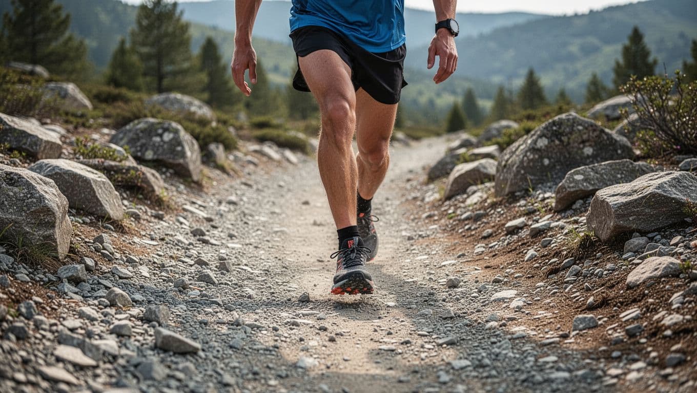 Runner plants foot securely on rocky gravel trail in Hoka Challenger ATR 8 shoes.