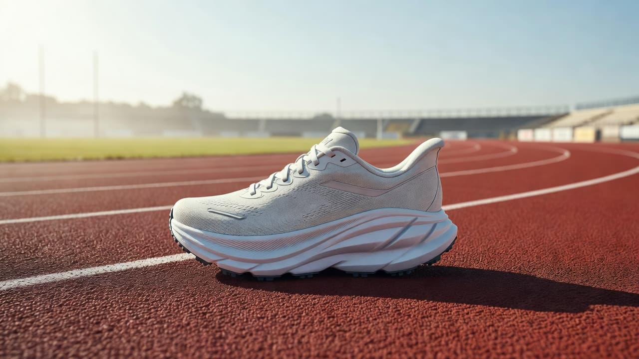 The side profile of a professional racing shoe features a thick, sculpted foam midsole designed for energy return. It rests on a textured red track surface under vibrant morning sunlight.