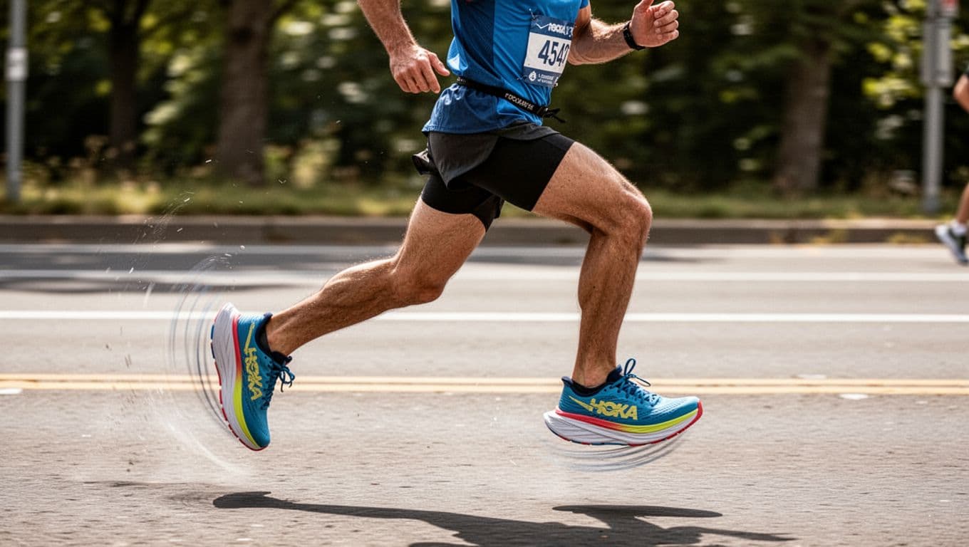 Single runner mid-stride in Hoka Rocket X 3 shoes on a paved road during a sunny daylight road race, dynamic side profile emphasizing rocker geometry and forward lean with slight motion blur on legs and arms.