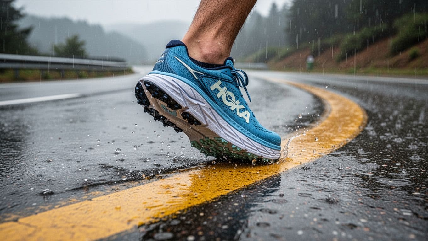 Low-angle dynamic shot of a single Hoka Rocket X 3 road racing shoe on a wet curved road with yellow line during cornering, outsole lugs gripping with water beads in rainy overcast conditions.