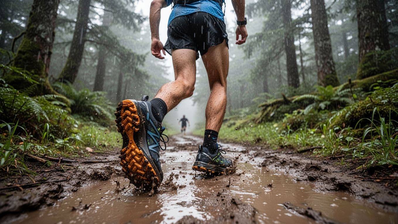 A trail runner wearing Hoka Speedgoat 6 GTX shoes runs dynamically on a wet, muddy ultra trail during rain, with lush forest background and overcast sky.