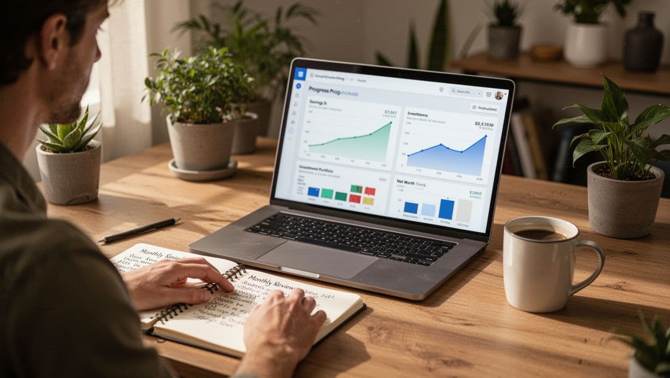 A single person at a home office desk reviews a financial progress dashboard on a laptop screen featuring blurred charts of savings growth, investment portfolio, and net worth over time. A notebook with handwritten notes, coffee mug, and plants sit nearby under warm natural daylight in realistic photography style.
