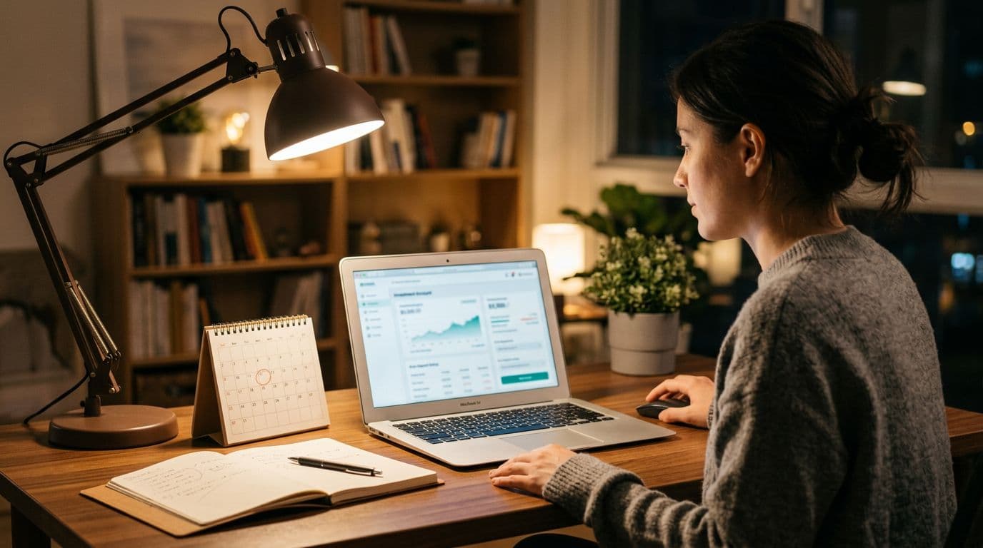 One person at a clean home office desk with laptop open to blurred investment account screen showing auto-deposit setup, nearby calendar marked for monthly contributions, notebook with pen, and warm desk lamp lighting the realistic workspace.