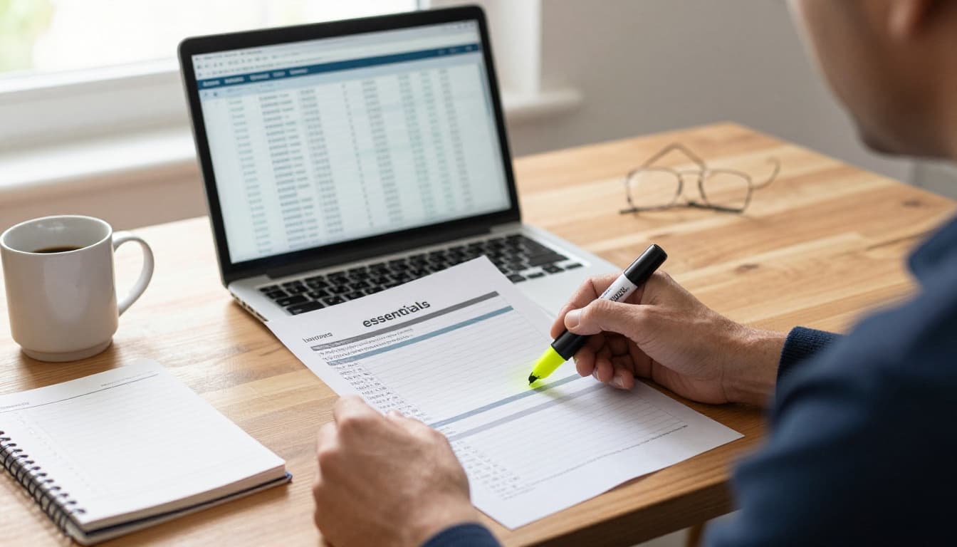 A middle-aged person at a clean wooden home office desk reviews blurred bank transactions on a laptop while highlighting printed statements sorted into essentials, luxuries, and forgotten charges piles, with a notebook checklist and coffee mug nearby.