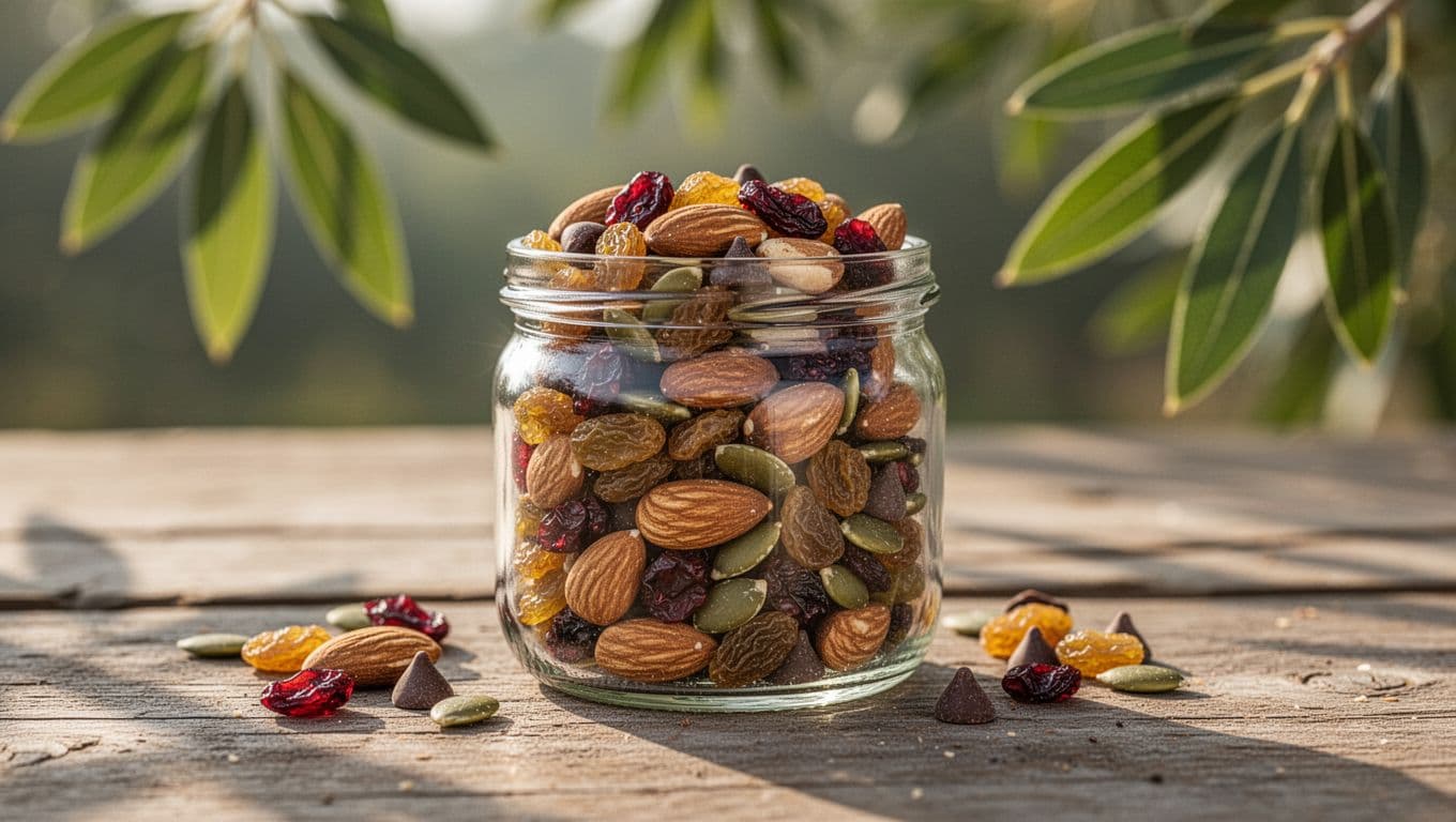 Photorealistic image of a small glass jar filled with homemade trail mix made with raw almonds, raisins, dried cranberries, pumpkin seeds, and dark chocolate chips, on a rustic wooden table in soft morning sunlight with blurred almond leaves in the background.