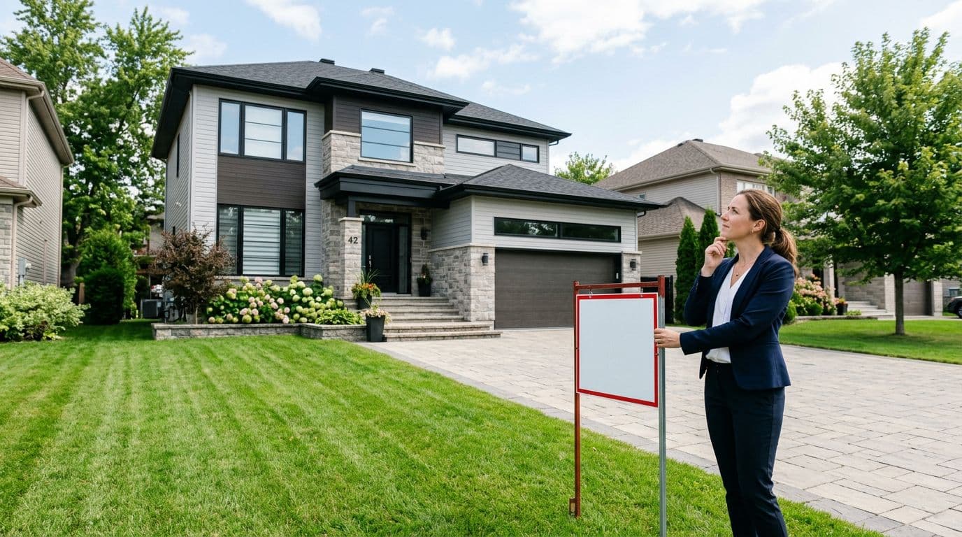 A single person stands outside a modern suburban home holding a real estate key, thoughtfully pondering home equity value for financial planning, with a green lawn and driveway in the background under daylight.