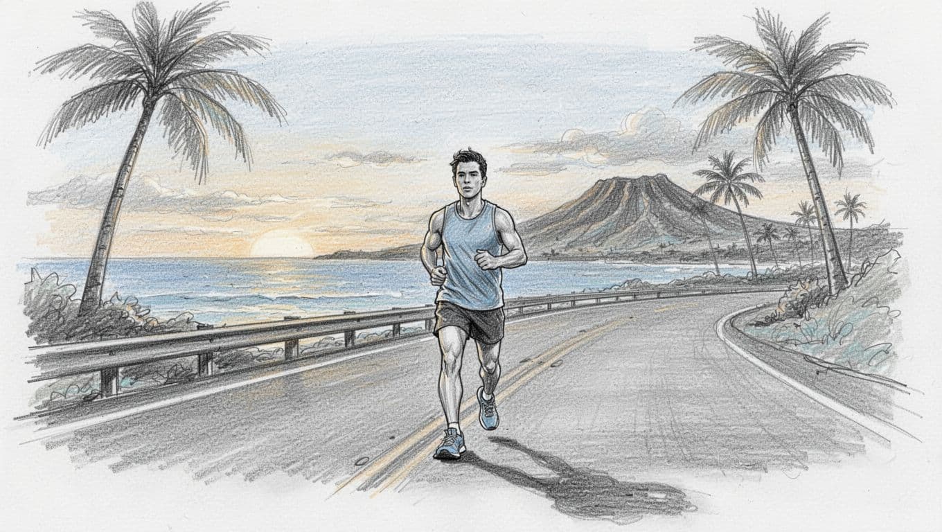 A relaxed runner follows a coastal Honolulu road at dawn with palm trees and hills behind.