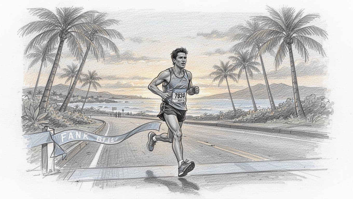 One runner crosses a Honolulu finish line beside palm trees.