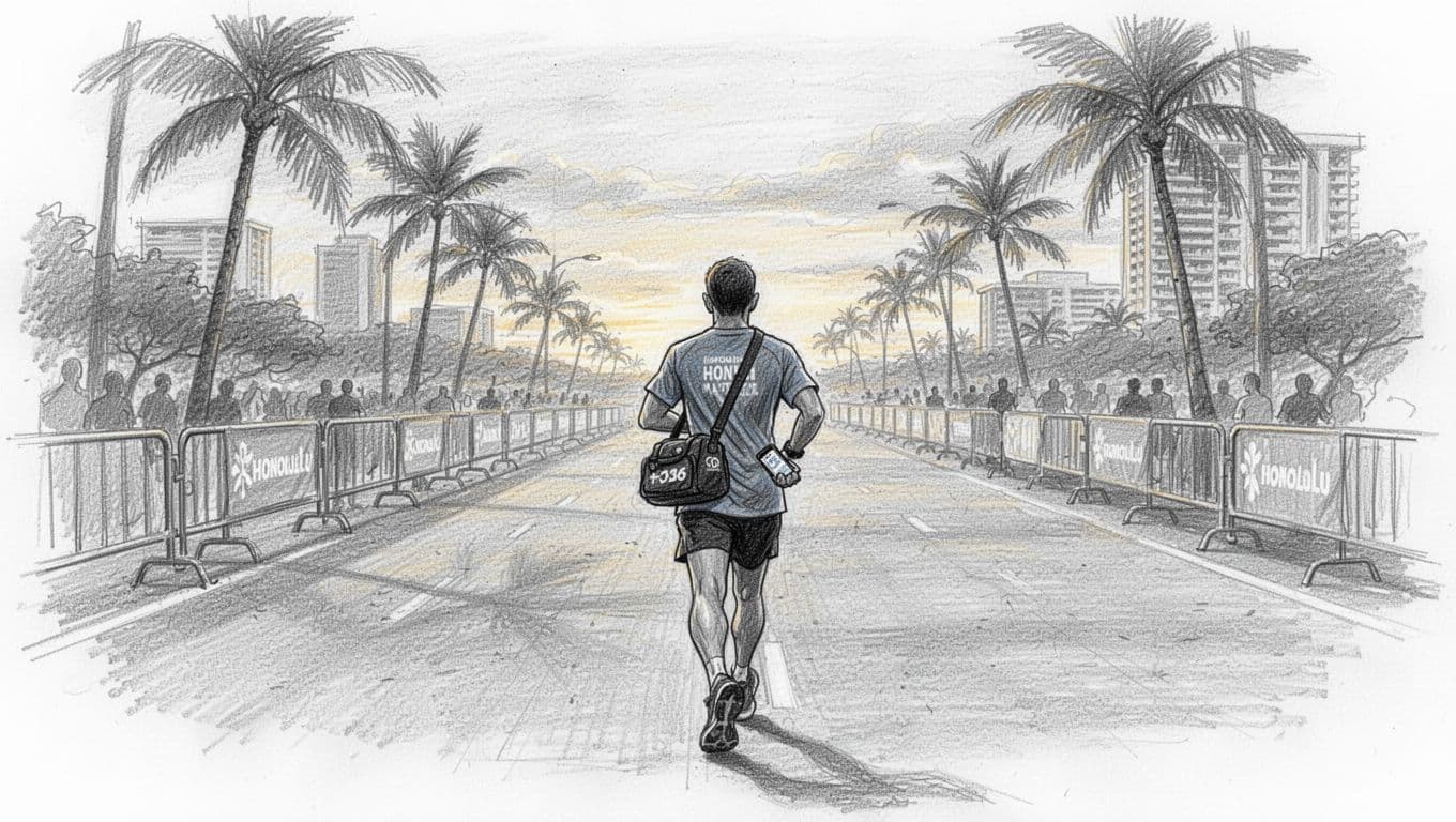 A lone runner walks toward a barricaded Honolulu race start area with a small bag.