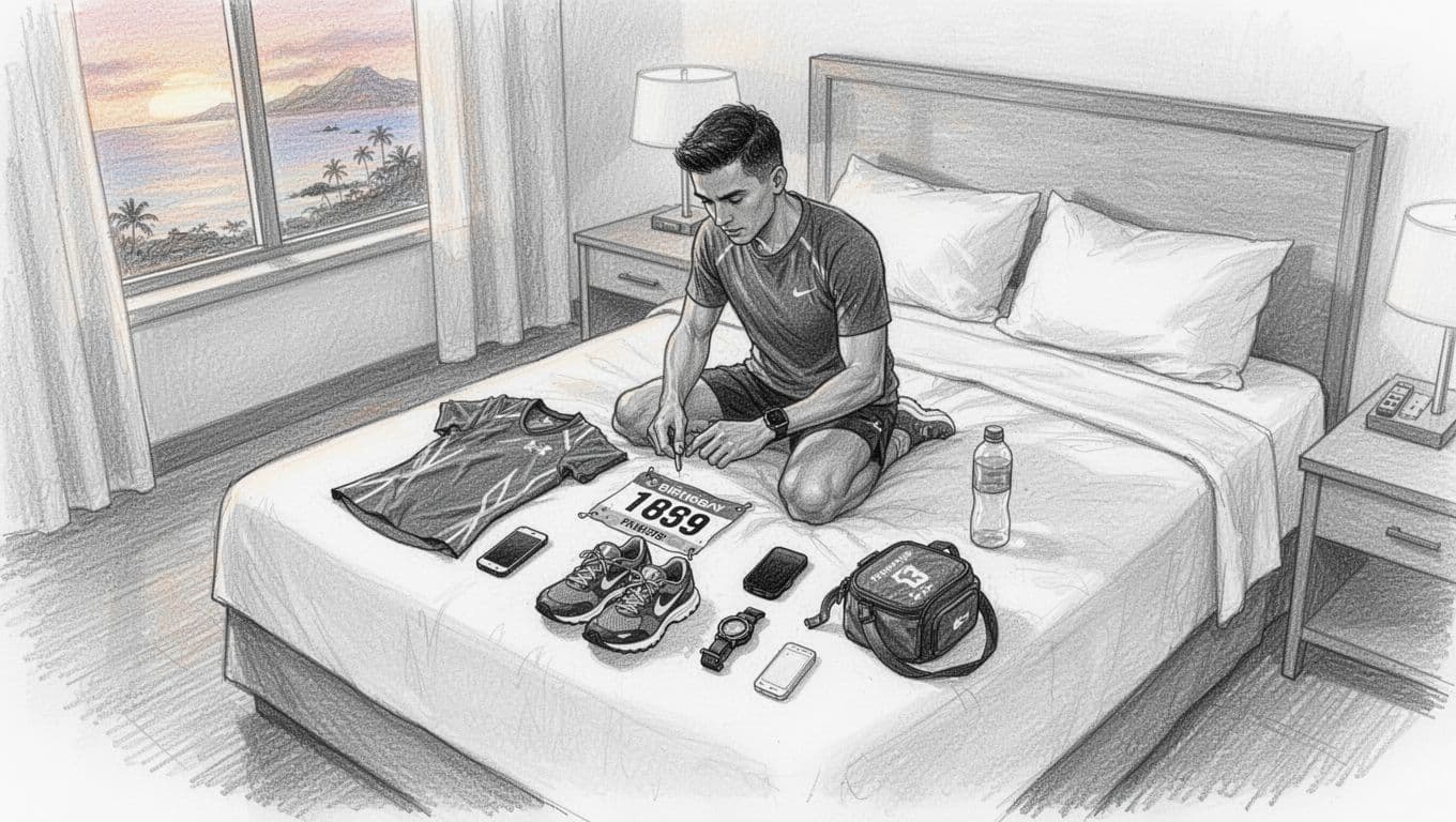 Runner lays out race gear and essentials on a hotel bed before dawn.