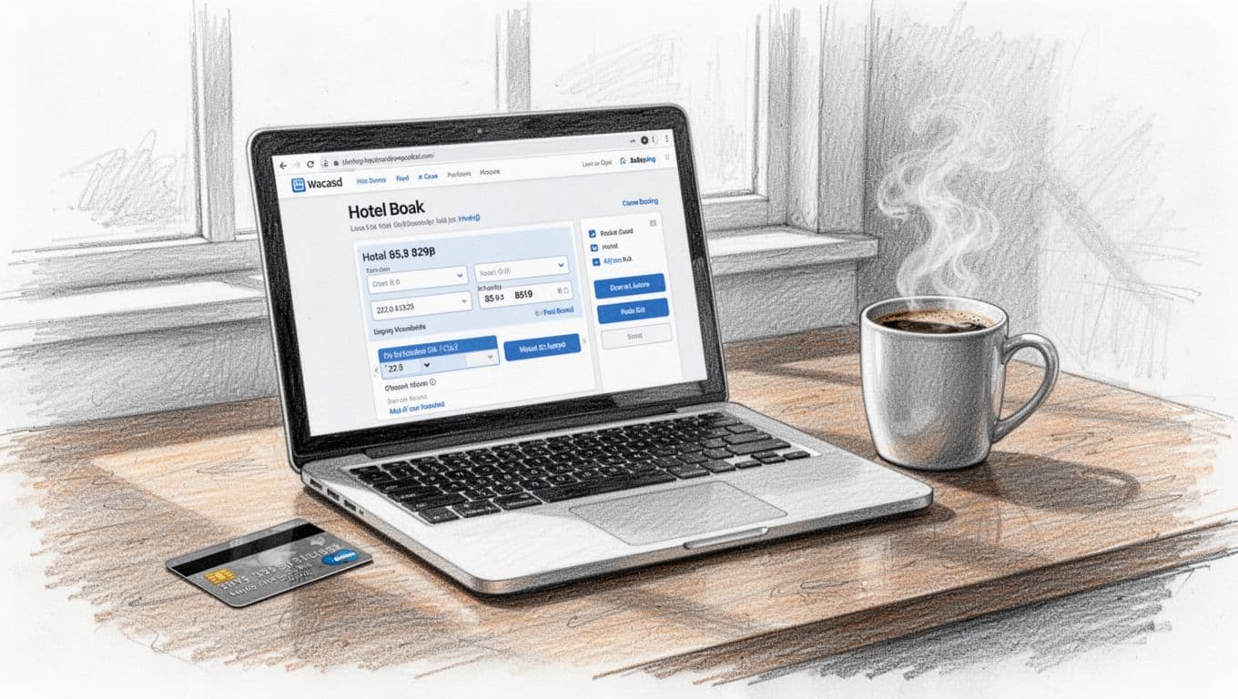 Graphite sketch of a laptop showing hotel booking details beside a card and coffee mug.