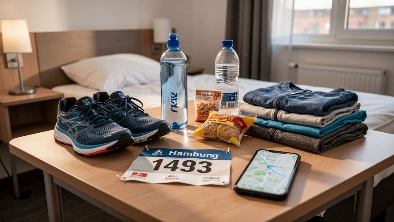 Runner arranging race gear and breakfast items in a sunlit hotel room.