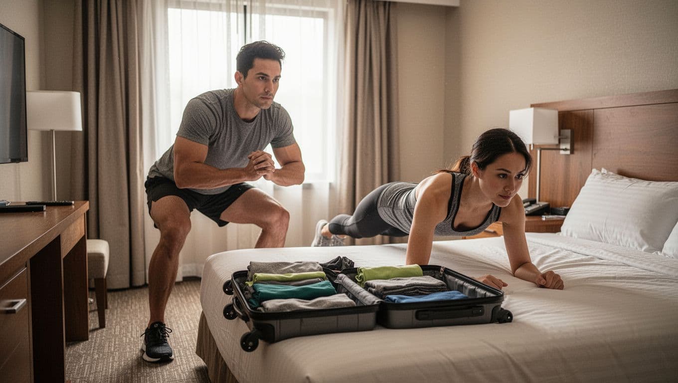 A fit person in casual athletic wear performs simple bodyweight squats and push-ups in a modest hotel room during travel, with an open suitcase on the bed and natural window light.