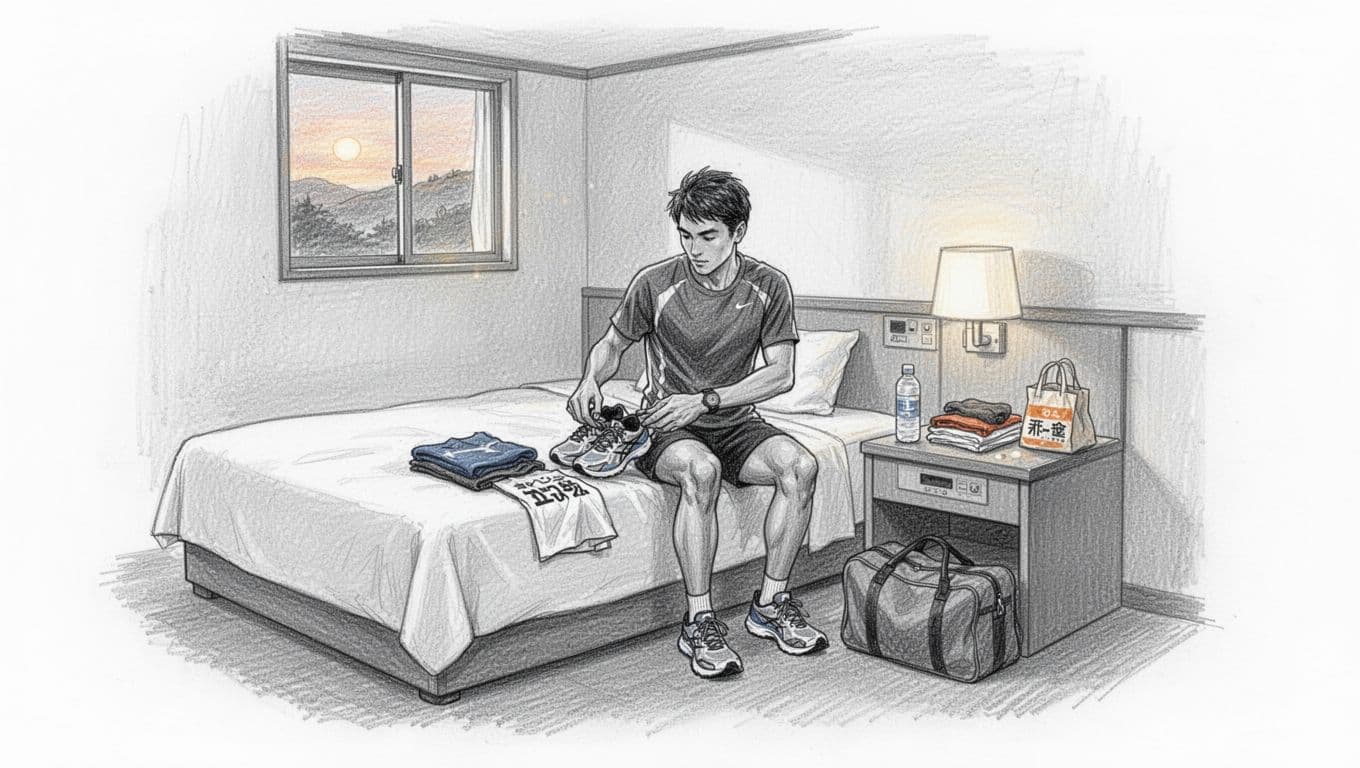 Runner organizes shoes, clothes, water, and breakfast beside a hotel bed.
