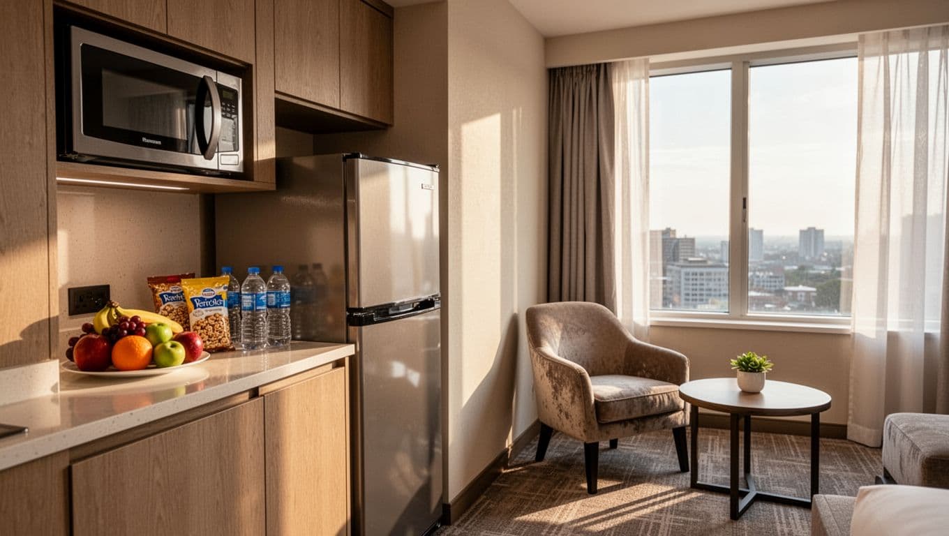 A hotel kitchenette with a microwave, fridge, and healthy snacks arranged on the counter.