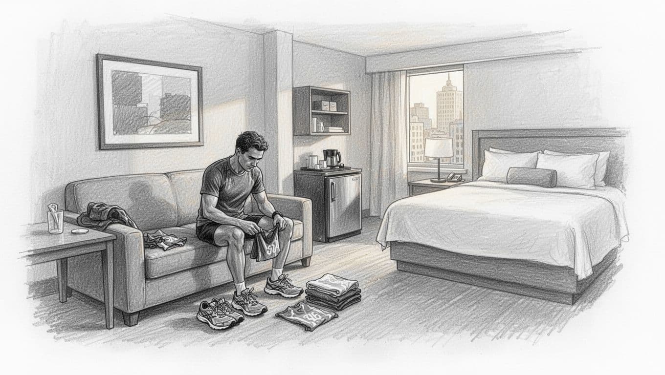 Runner organizing race gear in a tidy hotel suite with a sofa, bed, and window.