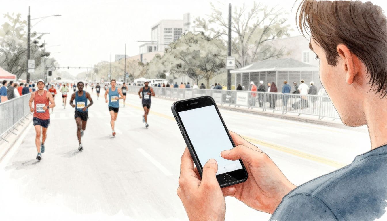 A spectator checks a phone near marathon barricades as runners pass in the distance.