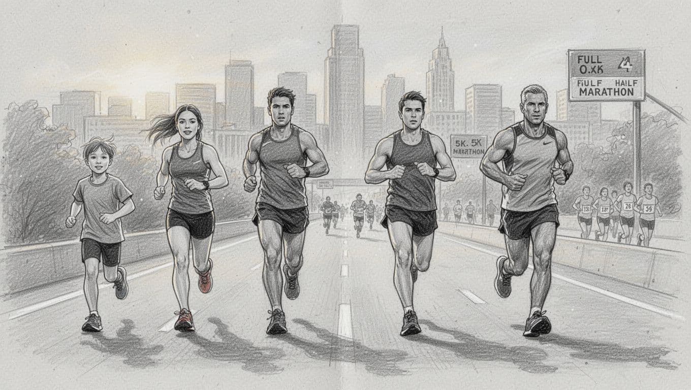 Four runners on a Houston route with distance markers and a small 5K group behind them.