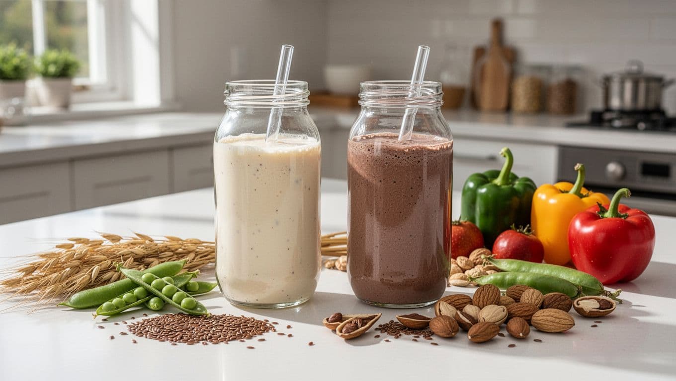 Side-by-side nutritional comparison of Huel vanilla and Jimmy Joy chocolate meal replacement shakes in glass shakers on a white table, surrounded by icons of oats, peas, flaxseeds, nuts, and vitamins in a bright kitchen.